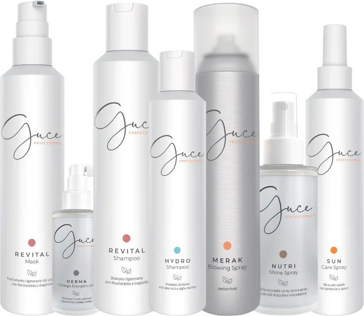 Flaconi della linea Guce Professional: Revital, Derma, Hydro, Merak, Nutri e Sun